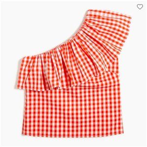 NWT J. Crew Orange & White Gingham Cotton Ruffle One-Shoulder Top - SIZE 4
